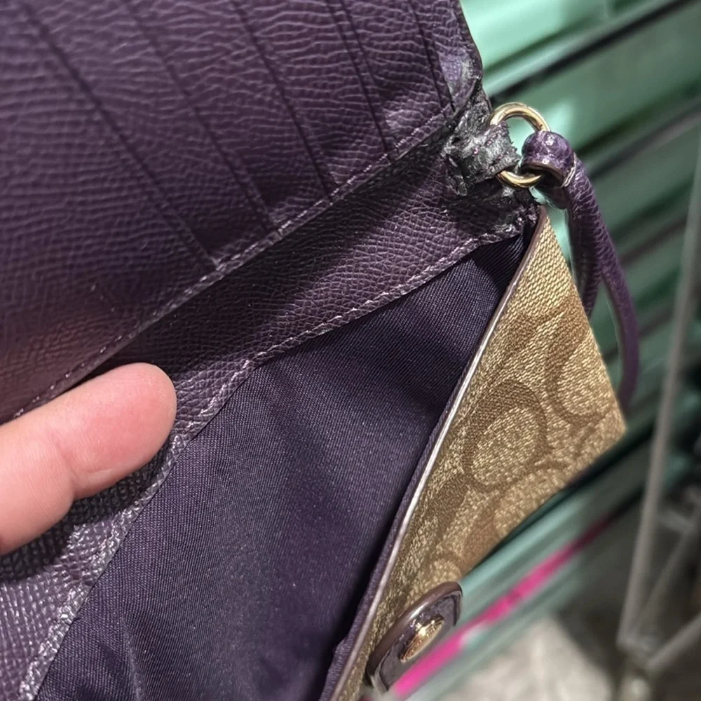 Coach wristlet wallet tan purple signature C leather